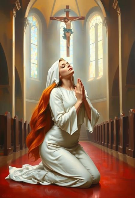 Painting of a  gorgeous nun praying in a church, kneeling, long flowing red hair, beautiful closed eyes, delicate features, long neck, habit, big breasts, curvy hips, tiny waist, slender, round ass, bright light, crucifix, altar, parted lips, hands together, praying pose