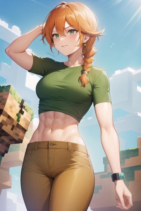 ((best quality)), 1girl, alex \(minecraft\), green shirt, muscular, abs, ((brown pants)), orange hair, braid, hair over shoulder, solo