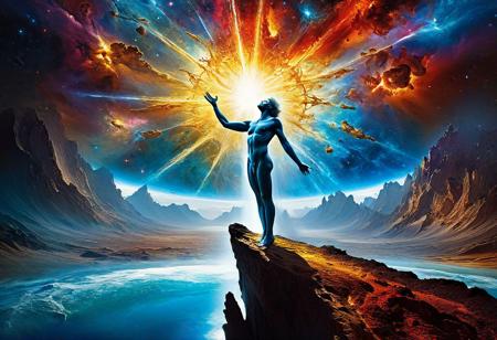 an intense ethereal birth of a god in the midst of the galaxy; the borders to the dimensions rips and flash of gorgeous plasma sprays into the galaxy, surreal masterpiece by (salvadore dali, Stephen Youll, Patrice Murciano)
