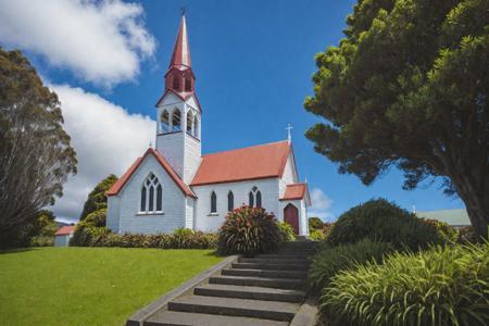 NZ Photography flower, outdoors, sky, day, cloud, tree, blue sky, no humans, window, grass, plant, building, scenery, stairs, fence, bush, house, church steeple, church exterior, <lora:NZPhotography_SDXL:0.8>