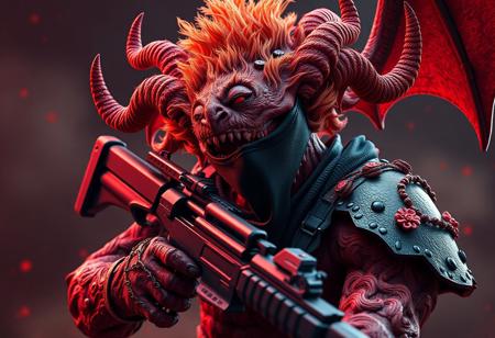 "Create a highly detailed, vibrant character design of an eldritch monster with a gun, donning a black mask. Aim for a cinematic look with unreal engine 5, incorporating intricate hyper realism and the golden ratio. Add unique character details such as glasses and a bullpup weapon. Draw inspiration from artists like Artgerm, Ross Portrait, and Vektroid. Optimize for 8k resolution and a striking red/orange color scheme, reminiscent of Studio Ghibli's style. Make it trend-worthy for ArtStation and Instagram."