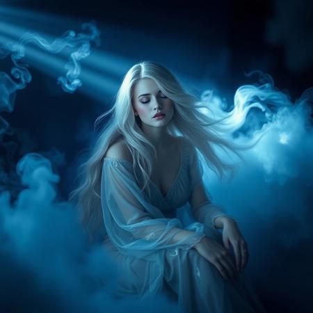A woman with long, flowing, silver hair sits amidst swirling clouds of blue and grey smoke in a dimly lit, ethereal setting. She wears a flowing, translucent gown that shimmers with opalescent hues, the fabric appearing to blend with the smoke around her. Her eyes are half-closed, her face serene and enigmatic, a dreamy expression gracing her features. Beams of moonlight filter through the smoke, casting an otherworldly glow on the scene. The background is a deep, smoky blue, fading into darkness at the edges, creating a sense of mystery and intrigue. Rendered in a highly detailed, ethereal style with a soft focus and a predominantly blue-grey color palette, emphasizing the smoky atmosphere and dreamlike quality of the scene. The camera angle is slightly low, focusing on her upper body and the swirling smoke around her, enhancing the sense of mystery and allure. The overall mood should be one of quiet contemplation, dreamy introspection, and mystical beauty, all enveloped in a captivating smoky haze.