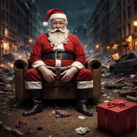 cinematic photo sad santa Santa Claus deliver his last gift on the last day on earth, sitting, dirty cloth, background ,n destroyed city after nuclear blast, bokeh, professional, 4k, highly detailed