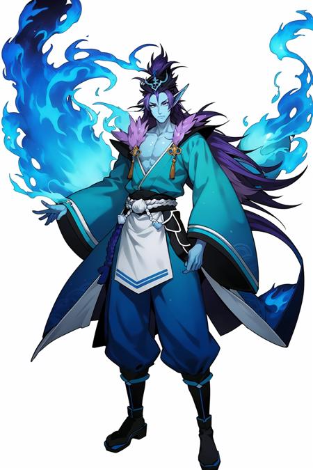 concept art, japanese 2D STYLE, GAME CHARACTER DESIGN, 1boy, MALE FOCUS, SOLO, COLORED SKIN, BLUE SKIN, WHITE BACKGROUND, STANDING, FULL BODY, POINTED EARS, SIMPLE BACKGROUND, BLACK FOOTWEAR, HAT, BLUE FIRE, FIRE, JAPANESE CLOTHES, PURPLE HAIR, LOOKING AT THE AUDIENCE, LONG HAIR, WIDE SLEEVES, BLACK TIARA