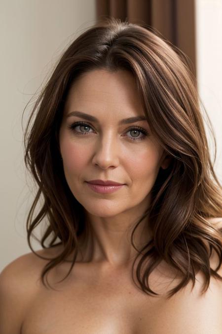 (masterpiece), best quality, expressive eyes, perfect face, caucasian woman, woman in her late 40's close up portrait with head in full frame, medium length brown hair, shirtless, looking at camera with slight smile, only one person in frame, brown eyes, naked