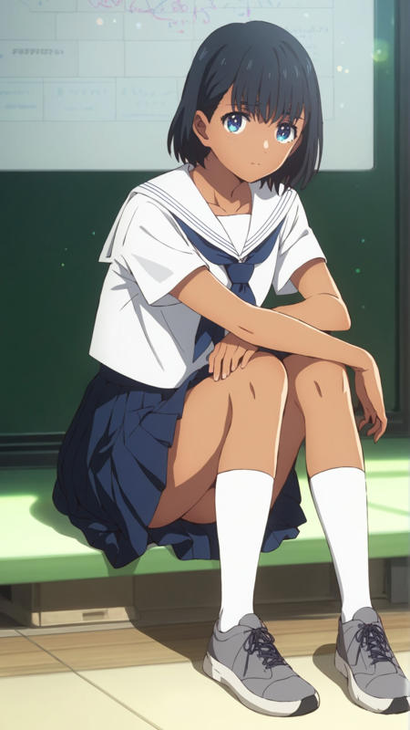 mio_kofune mio_kofune, an anime girl, 1girl, solo, looking at viewer, short hair, bangs, blue eyes, skirt, simple background, shirt, black hair, white background, closed mouth, school uniform, standing, collarbone, full body, white shirt, short sleeves, pleated skirt, shoes, serafuku, socks, dark skin, sailor collar, dark-skinned female, blue skirt, neckerchief, kneehighs, tan, white socks, sneakers, white sailor collar, blue neckerchief, grey footwear mio_kofune, an anime girl, 1girl, solo, looking at viewer, smile, short hair, bangs, blue eyes, shirt, black hair, dress, white shirt, short sleeves, outdoors, striped, apron, dark-skinned female, ground vehicle, striped shirt, basket, riding, bicycle, bicycle basket mio_kofune, an anime girl, 1girl, solo, short hair, bangs, blue eyes, black hair, dark-skinned female, 