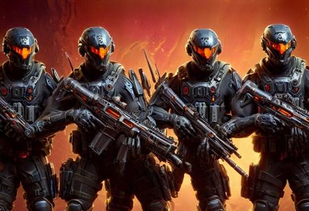 A group of elite mercenary warriors equipped with the latest weaponry and advanced technology, dressed in sleek, modern armor, ready for combat. They represent a diverse range of specialties including (((three riflemans, one medic, one machine gunner, one sniper, one battle mage, and one engineer.))) They stand together in a dynamic composition, each figure poised in a distinctive action pose, with a colorful, detailed background that complements their advanced equipment. Masterpiece, high quality, colorful background, different poses, different armor, different weapons, action poses, 4k, grenade launcher, machine-gun, assault rifle, sniper rifle