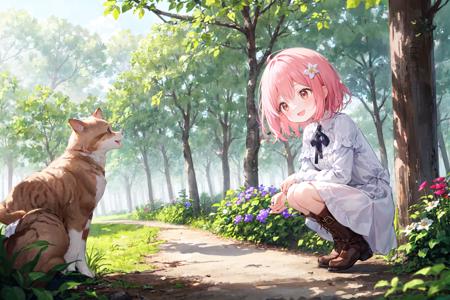 1 girl, best quality, ultra detailed, round eyes, (happy:1.3), :D, small breast, pink hair, medium hair, from side, crouching, looking down, (looking away:1.3), face to face a brown cat in foreground, white dress, Brown boots, in the forest, flower garden