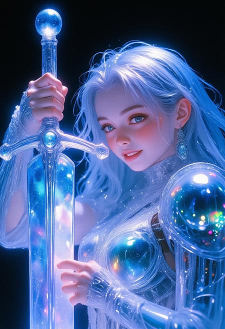In this close-up, the cybernetic nymph is framed from the side, her upper body encased in a radiant, spectral armor that glows with RGB hues. The shoulder armor, now shimmering with iridescent colors, pulses with neon pink, electric teal, and deep violet. The bioluminescent mesh woven into the armor flickers like digital circuitry, casting a vibrant array of lights across her skin. Her powerful arm rests on the hilt of a massive, spectral sword, the blade emitting an otherworldly glow. The sword pulses with shifting RGB colors—deep blues, bright purples, and electric greens—flickering like an ethereal flame. Raindrops shimmer as they cascade down her form, reflecting the RGB lights that dance around her. Her face is partially obscured in shadow, but her gleaming eyes, now a striking hue of neon, are filled with a confident, almost mocking smirk. Her wet silver hair catches the radiant glow of the colors around her, making it shimmer like liquid light, as she laughs overconfidently into the camera, her dominance amplified by the vibrant, spectral energy that surrounds her.