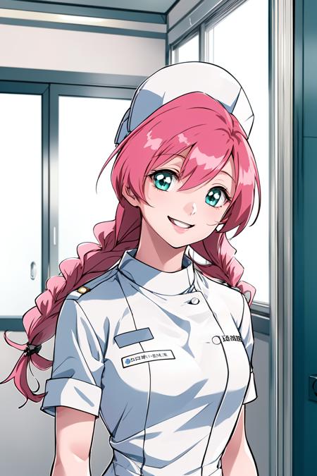 (RAW photo, best quality), 1girl,  natural lighting, indoor, hospital, operating room,  <lora:innai_kansen_yoneda_shiori_v2_2-000004:1>, yoneda shiori, nurse, nurse cap, smile,