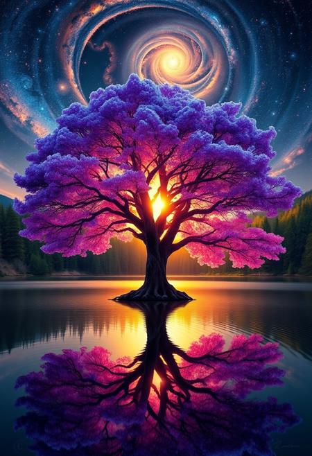A radiant, mystical tree with vibrant, multicolored leaves stands at the edge of a serene lake, its branches glowing in hues of purple, blue, and pink. The setting sun behind the tree creates a golden halo, casting a warm light through the forest of towering evergreens in the distance. Above, the sky swirls with a cosmic blend of galaxies, nebulae, and stars, reflecting the infinite beauty of the universe. The tree’s perfect reflection in the slightly rippled water mirrors the stunning celestial scene, creating a breathtaking fusion of nature and the cosmos in a surreal, dreamlike landscape.