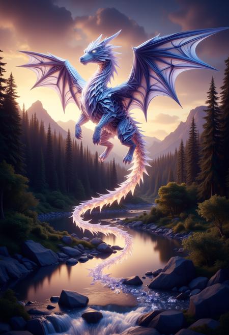 Origami Dragonâs Flight
A majestic dragon composed entirely of folded, glowing origami paper soars through a twilight sky painted with hues of gold and violet. Its wings unfurl in intricate, angular patterns, each fold radiating a soft luminescence. Below, a tranquil river winds through a dense forest, its glassy surface reflecting the dragonâs ethereal glow. As the dragon flies, it leaves behind a trail of tiny, sparkling crystals that fall gently to the ground. ral-orgmi, crystalz, ral-watce, aidmaMJ6.1
