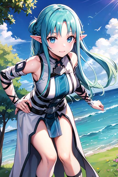 masterpiece, best quality, 1girl , original outfit, detached sleeves, skirt, <lora:asunaalo-000008:1>  hand on hip, leaning forward, :i, outdoors, hand on own knee,