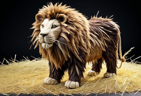 Lion the main dark brown detailed, made of straw and hay, full-body