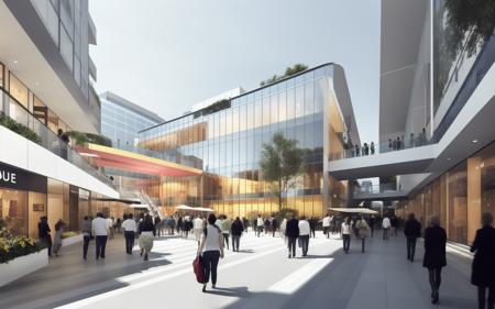 commercial street,multiple people,outdoors,tree,building,scenery,sky,day,escalator,pavement,