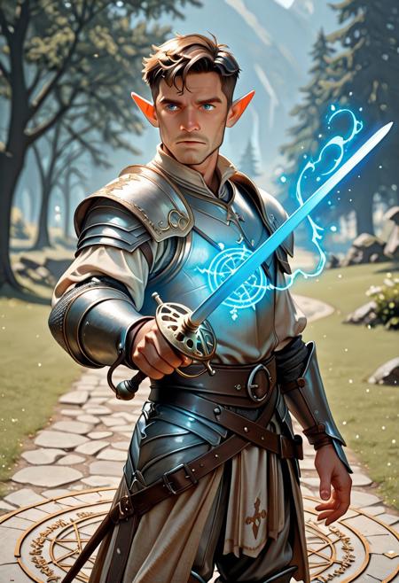 score_9_up, score_8_up, score_7_up, score_6_up. masterpiece, best quality, good quality, very aesthetic, absurdres, semirealism, RapierXL, fantasy, 8K, depth of field, focused subject, Elf knight:1.3, 19yo male, adult , androgynous, pointed ears, short brown hair, male haircut, blue eyes, wearing detailed armor, knight's armor, casting spell, violet magic circle, he is standing, holding sword, rapier, weapon, blue glowing sword, park