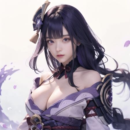 raiden shogun, 1girl, solo, breasts, purple eyes, purple hair, cleavage, japanese clothes,<lora:raiden_shogun-ani1.5v1-000002:1>