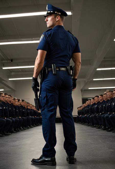 Ultra-realistic, hyperrealistic cinematic full-body photo of a handsome 20-year-old Caucasian male police academy recruit, viewed from behind during a formal uniform inspection. He stands tall and rigid in a wide stance, hands clasped behind his back, wearing a tightly fitted short-sleeved navy blue police uniform and black tactical gloves. His lower body features enormous, massively exaggerated glutes that dominate the frame, stretching and sculpting the uniform pants with incredible photorealistic detail—each muscle fiber, skin texture, and fabric strain sharply visible. Powerful, thick thighs complement the exaggerated proportions, contrasting strongly with a slim waist cinched by a heavy-duty duty belt loaded with tactical gear. He glances back over his shoulder with a confident, smug smirk, radiating dominance and quiet arrogance. The bright, spotless police academy inspection hall softly blurs in the background, focusing attention on his overwhelming figure. Dramatic overhead lighting casts strong shadows and highlights, emphasizing the immense muscular contours. Shot from an extreme low rear angle, full body in frame, cinematic lighting, ultra-detailed textures, photorealistic skin and fabric, vivid depth, and sharp focus.