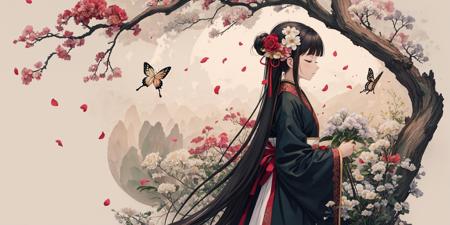 1girl,hair ornament,long hair,solo,flower,hair flower,black hair,white background,bug,long sleeves,butterfly,bangs,simple background,holding,wide sleeves,upper body,half-closed eyes,hanfu,chinese clothes,ribbon,petals,from side,blunt bangs,dress,looking down,very long hair,closed mouth,profile,holding flower,