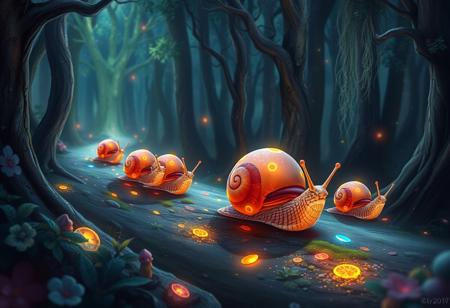 a surreal and whimsical digital painting of a group of luminescent snails navigating a magical forest at night, with vibrant colors, glowing trails, and intricate details