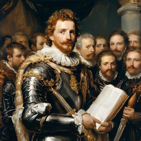 score_9, score_8_up, score_7_up, style of Anthony van Dyck, painting, solo, 1man, knight, in full armor, right hand held up, talking to a auditorium of men with beards, soft colors, graceful, delicate brushwork, masterpiece, detailed,