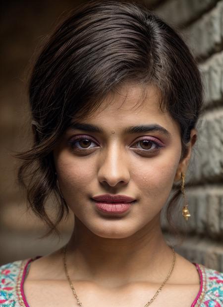 closeup portrait of skswoman, woman,  interested , wearing embroidered , with Pixie cut , background alleyway epic (photo, studio lighting, hard light, sony a7, 50 mm, matte skin, pores, colors, hyperdetailed, hyperrealistic), <lyco:Ketika SharmaV3:1.0>