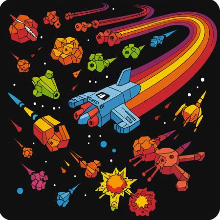 icon, simplified icon, minimalism, rainbow, flying space ships shooting with colorful action gradients and explosions and asteroids, vector art, minimalism, by activision
<lora:Activision_Atari_Art_Style_XL-000009:1>