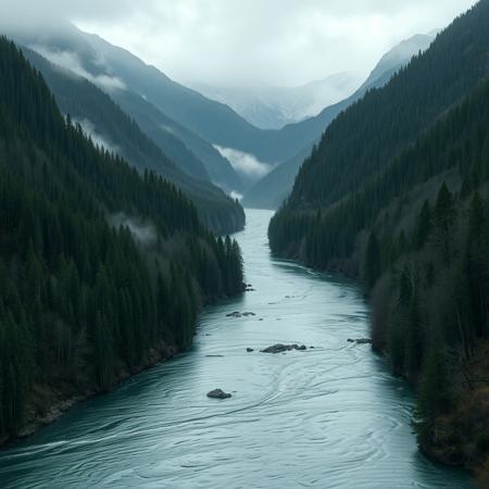 medieval, a wide river, mountains  forests, rain, mist, gloomy and overcast, cold, ominous
