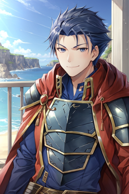 <lora:Hector_FE-10:1> hector fe, blue hair, solo, smile, short hair, scenery, 1boy, closed mouth, male focus, cape, armor, portrait, red cape