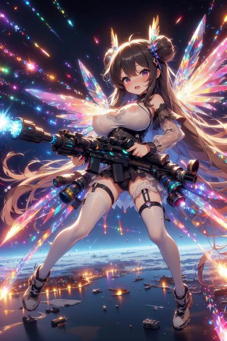 dual wielding twin buster rifle magnum sniper rifle huge beam impact firing glowing power electricity mechanical wings tight suit skirt leggings flying space earth \(planet\)