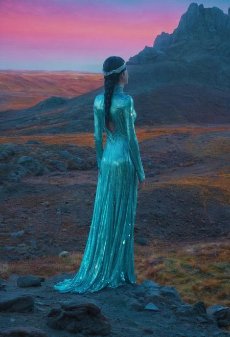 A figure stands in a dreamlike landscape. Medium shot. Shimmering, Aqueous. Best quality. Hyperrealistic. Masterpiece. Vibrant colors. Ethereal. Unsettling. Bizarre. Fantastical.