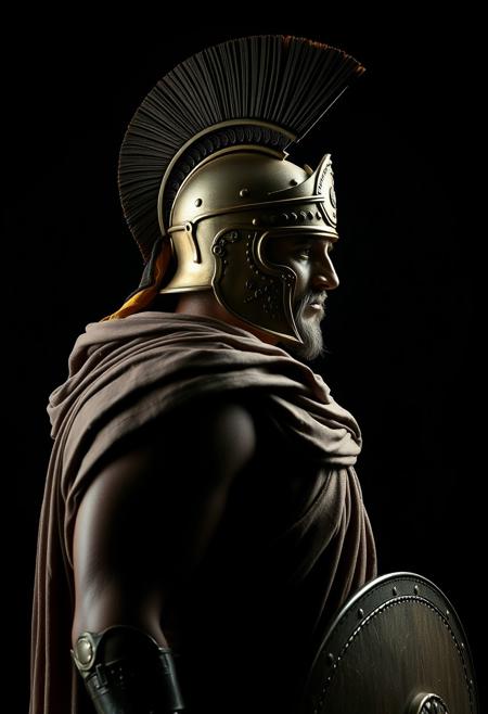 side view of an ancient Greek soldier, hyper realistic, studio photography, dramatic lights, dynamic shadows, black background, chiaroscuro, high contrast lights