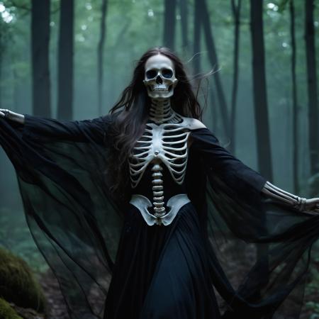 The Skeleton young Witch, flying, epoxy_skull, amidst a black swirling vortex in a dark, mystical forest. A beautiful woman with long hair stands, her figure draped in skeletal armor and an ethereal dress, engulfed by the swirling darkness. The scene is intensely cinematic, dominated by deep shadows pierced by subtle hints of light, crafting a dramatic interplay of darkness and luminescence. Wind, intensified to 1.2, weaves through the trees, enhancing her enigmatic silhouette, now surrounded by black smoke and the eye of a storm. Close-up on her sad expression, amidst sparkling embers and a billowing long piece of cloth, with a faint (intensity:0.5) hint of a Skeleton mask,