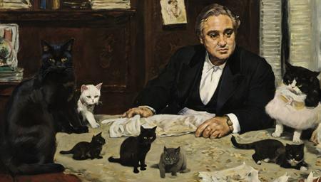 m4n3t,
Marlon Brando's Don Vito Corleone, surrounded by shadowy figures, sits in his dimly lit office, petting a cat. 