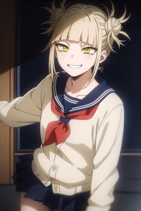 togahimiko, <lora:himiko toga s5-lora-nochekaiser:1>,
himiko toga, (toga himiko:1.2), bangs, blonde hair, (yellow eyes:1.5), blunt bangs, hair bun, double bun, messy hair, smile, grin, teeth,
BREAK skirt, long sleeves, school uniform, pleated skirt, shoes, serafuku, socks, sailor collar, blue skirt, neckerchief, kneehighs, brown footwear, cardigan, black socks, loafers, red neckerchief, yellow cardigan,
BREAK indoors, classroom,
BREAK looking at viewer, (cowboy shot:1.5),
BREAK <lyco:GoodHands-beta2:1>, (masterpiece:1.2), best quality, high resolution, unity 8k wallpaper, (illustration:0.8), (beautiful detailed eyes:1.6), extremely detailed face, perfect lighting, extremely detailed CG, (perfect hands, perfect anatomy),