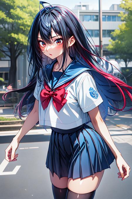 1girl, cowboy shot, outdoors, 
yonagi_kei, red eyes, long hair, black hair, (ahoge:1.2), hair between eyes, bangs, school uniform, serafuku, sailor collar, red bow, short sleeves, pleated skirt, thighhighs, zettai ryouiki, <lora:yonagi_kei_lora_ver2:0.7>, best quality, masterpiece, highres, <lora:GoodHands-vanilla:1>