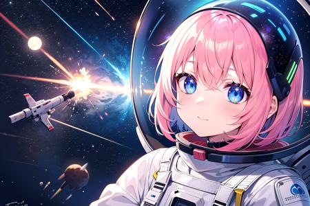 masterpiece, best quality, close-up, flying, space, explosion, short hair, pink hair, blue eyes, cyberpunk, moon, meteor, space helmet,