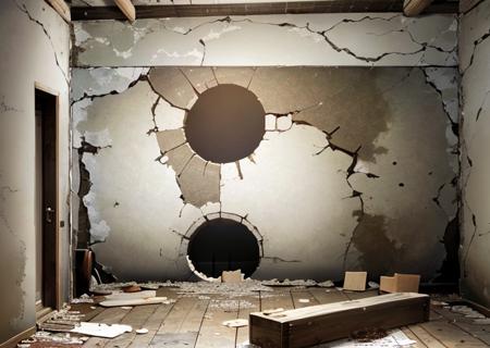 a room with a wall that has been torn down,<lora:Sunoo-06:0.85>