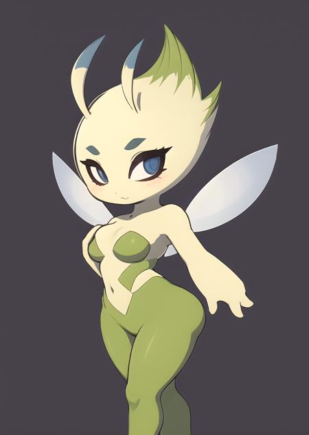 1girl, <lora:Celebi-10:0.90>, Celebi, wings, fairy wings, pokemon \(creature\), green skin, nude, medium breasts, standing, chibi