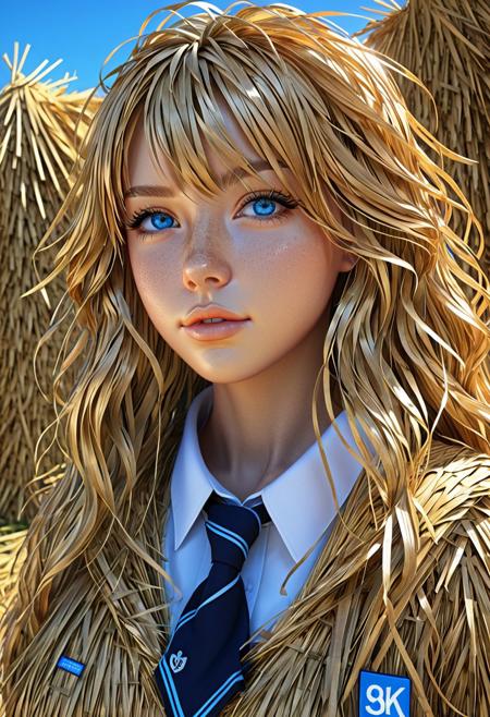 1girl with blue eyes and wavy long hair in a school uniform made of straw, hair down, symmetrical facial features, full body, occlusion shadow, specular reflection, rim light, unreal engine, artgerm, artstation, art by hiroaki samura and ilya kuvshinov and ossdraws, high quality, intricate detailed 8k, fantasy illustration, extremely beautiful and aesthetic shape of face and body <lora:SDXL\made_of_straws.safetensors:1.0>, (sharp focus:1.2), (realistic texture:1.3), (dynamic composition:1.1), (4k:1.1)