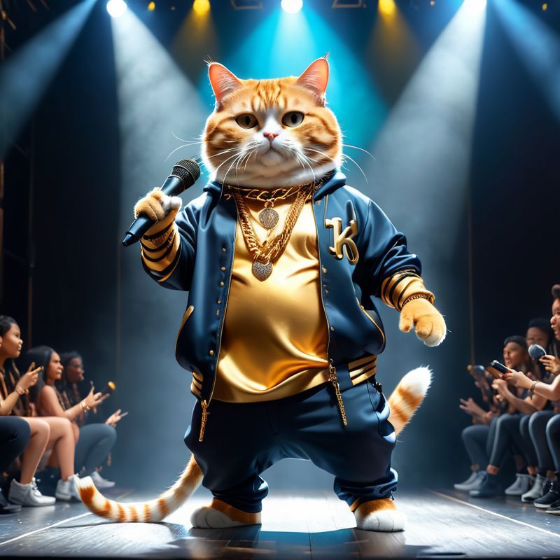 A large, fat orange cat wearing a gold chain and a blue hoodie, holding a microphone and standing in front of a group of people.