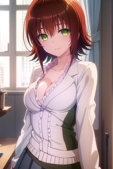 ryoukomikado, <lora:ryouko mikado darkness-lora-nochekaiser:1>,
ryouko mikado, short hair, hair between eyes, (green eyes:1.5), red hair, hair intakes, smile,
BREAK skirt, shirt, thighhighs, cleavage, frills, black skirt, pink shirt, frilled shirt, labcoat,
BREAK indoors, classroom,
BREAK looking at viewer, (cowboy shot:1.5),
BREAK <lyco:GoodHands-beta2:1>, (masterpiece:1.2), best quality, high resolution, unity 8k wallpaper, (illustration:0.8), (beautiful detailed eyes:1.6), extremely detailed face, perfect lighting, extremely detailed CG, (perfect hands, perfect anatomy),