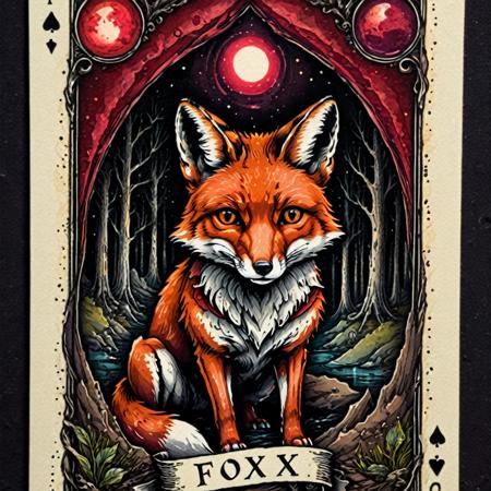 pen and ink, liquid ink, best quality, double exposure, vintage triadic red colors, "THE FOX" tarot card, eerie and detailed image, Craola, Dan Mumford, Andy Kehoe, 2d, plan, vintage, art in cracked paper, patchwork, detailed storybook illustration, cinematic, ultra highly detailed, mystical, luminism, vibrant colors, complex background<lora:xl_more_art-full_v1:0.5>,  <lora:TShirtDesignRedmondV2-Tshirtdesign-TshirtDesignAF:1> T shirt design, TshirtDesignAF