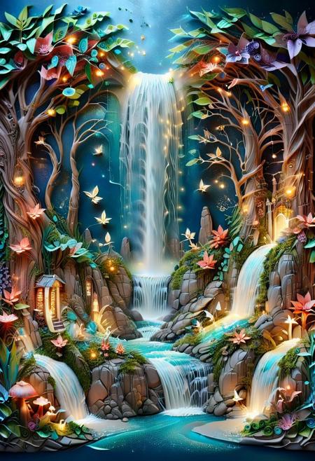 Surreal ais-fairy tale-like waterfall oasis with paper quilling, featuring a waterfall, devoid of any human presence. Fairy lights, stardust, fireflies. Bright shiny colors.