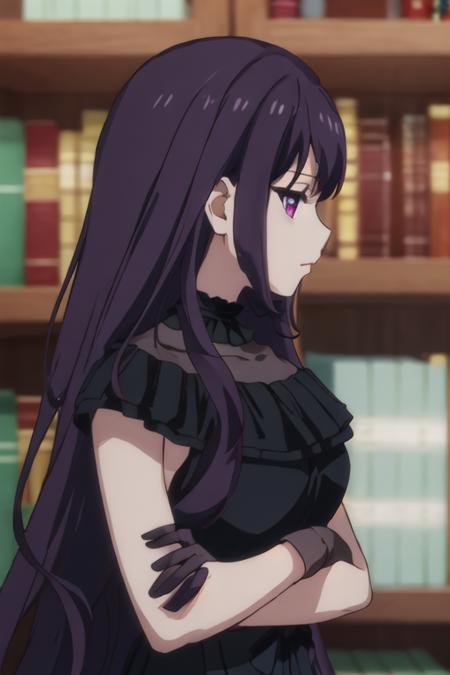 best quality, masterpiece, highres, solo, {tilty_claret_tenseioujototensaireijounomahoukakumei:1.15}, long_hair, bangs, purple_hair, purple_eyes, black_hair, blurry, 1girl, blurry_background, portrait, red_eyes, anime_coloring, bookshelf, from_side, profile, closed_mouth