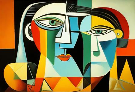 masterpiece, best quality, illustration, style of Pablo Picasso, cubist, complementary colors, abstract landscape,