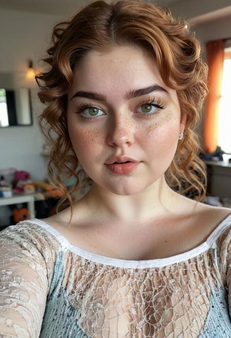 1girl, 25yearsold, 1/4desi 25%, upper body, torso, full body, top down view, selfie, ugly model, thin upperlip, pouting, stinkface, furled brow, flared nostrils, wide mouth, look of disgust Long thick Maxi Skirt, Knit tube top, swept back hair, curvy, plump, bbw, chubby, fat, fatface, wide lips, slightfrown, big nose, thinupperlip, hugetits, drooping breasts, massivebreasts, busty, wide nose, cleavage, seductive expression, identical eyes, identical pupils, slight frown, (soft angle medium arch eyebrows), identical pupils, deepset eyes, convex nose bridge, lowered nose tip, high cheek bones, pointed chin, oval head, flat face, underbite, dimples, monolid eyes, wide jaw, pointy chin, 
 working at a clothing store, perfect eyes, highly detailed beautiful expressive eyes, detailed eyes, 35mm photograph, film, bokeh, professional, 4k, highly detailed dynamic lighting, photorealistic, 8k, raw, rich, intricate details, identical iris, curly lightbrown hair, pale skin, freckles, (Greeneyes 1:1),