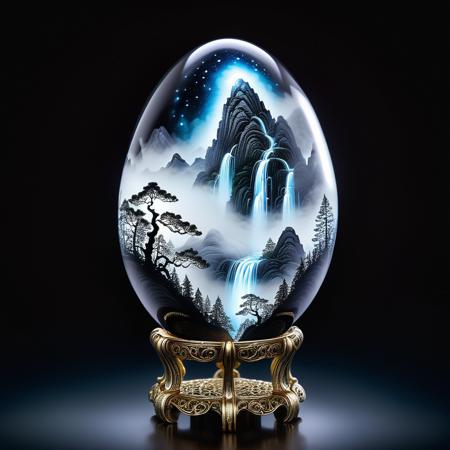 Universe in a glass egg on a beautiful intricate stand made of . Mountains, forest, waterfall, fog.. Emitting light. Glowing, mystical aura, polished glass, magical reflections, intricate stand, swirling mist, enchanted object, spiritual energy, mysterious shine. Black background. sinoink