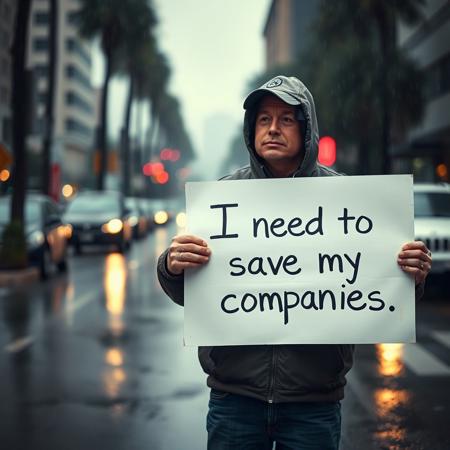 An ultra-realistic photo featuring Elon Musk as beggar holding a sign reading "I need to save my companies." on a street in rainy Los Angeles.