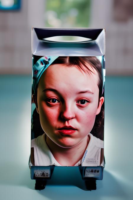 bellaramsey on a milk carton, photo realism (wide-angle), high resolution, angry, 8k